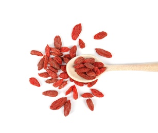 Spoon of tasty dried goji berries on white background, top view