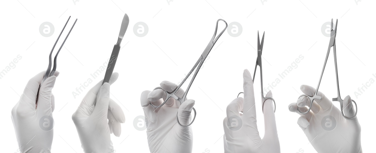 Image of Collage with photos of doctors holding different surgical instruments on white background, closeup. Banner design