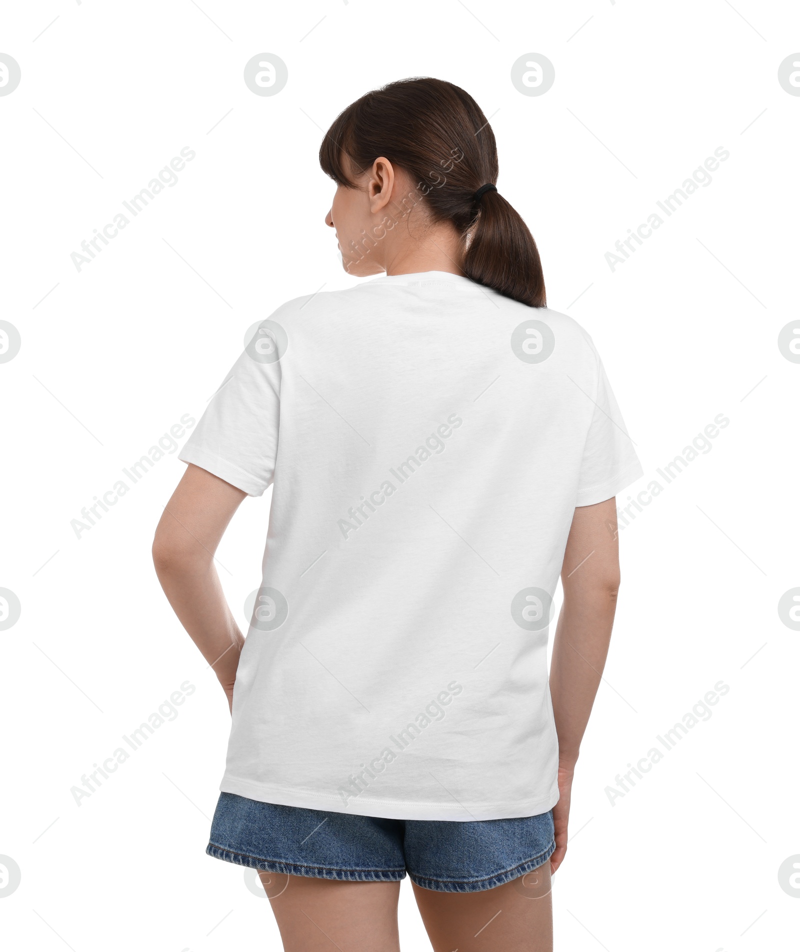 Photo of Woman in stylish t-shirt on white background, back view