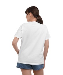 Woman in stylish t-shirt on white background, back view