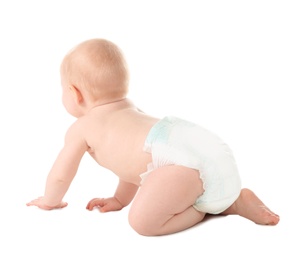 Photo of Cute little baby crawling on white background