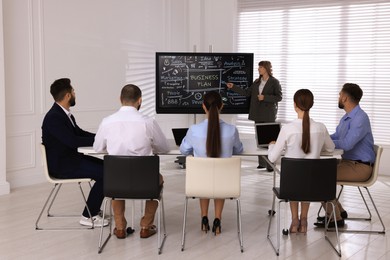 Business trainer using interactive board in meeting room during presentation