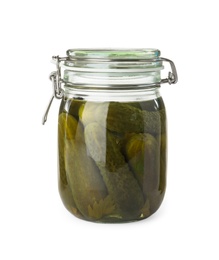 Photo of Jar with pickled cucumbers on white background