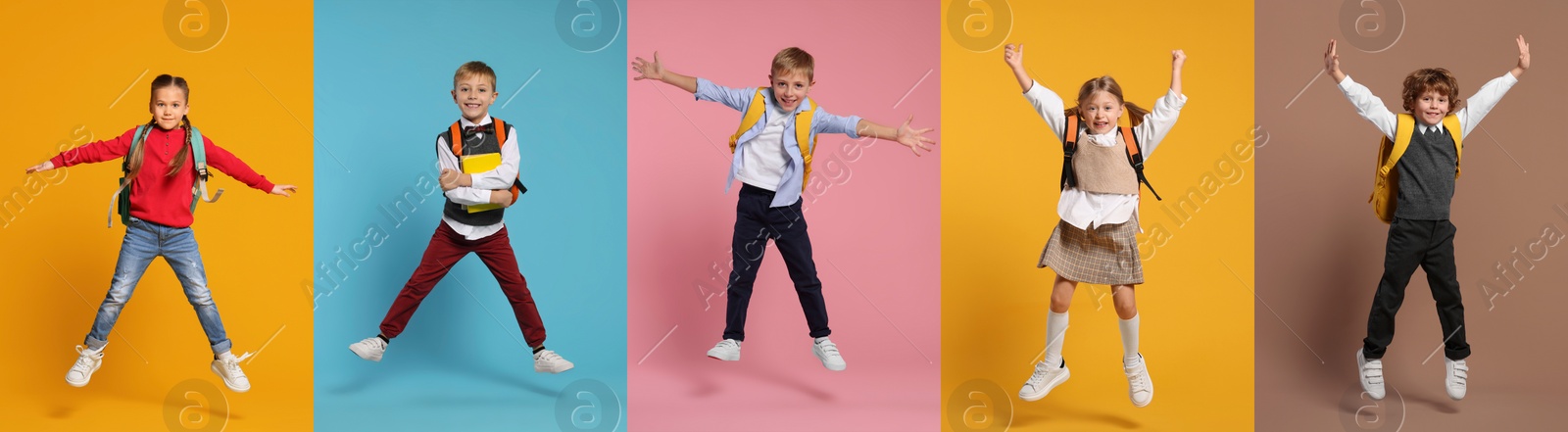 Image of Happy schoolchildren with backpacks jumping on color backgrounds, set of photos