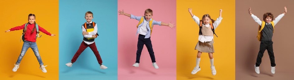 Image of Happy schoolchildren with backpacks jumping on color backgrounds, set of photos