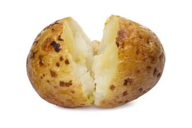 Photo of Tasty pieces of baked potato on white background