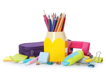 Different colorful stationery on white background. Back to school