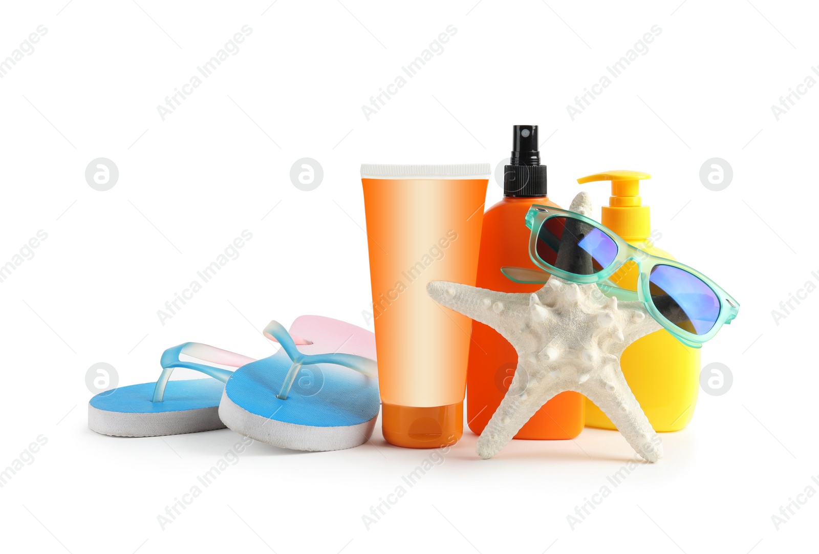 Photo of Composition with sun protection products on white background. Body care