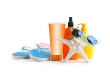 Photo of Composition with sun protection products on white background. Body care