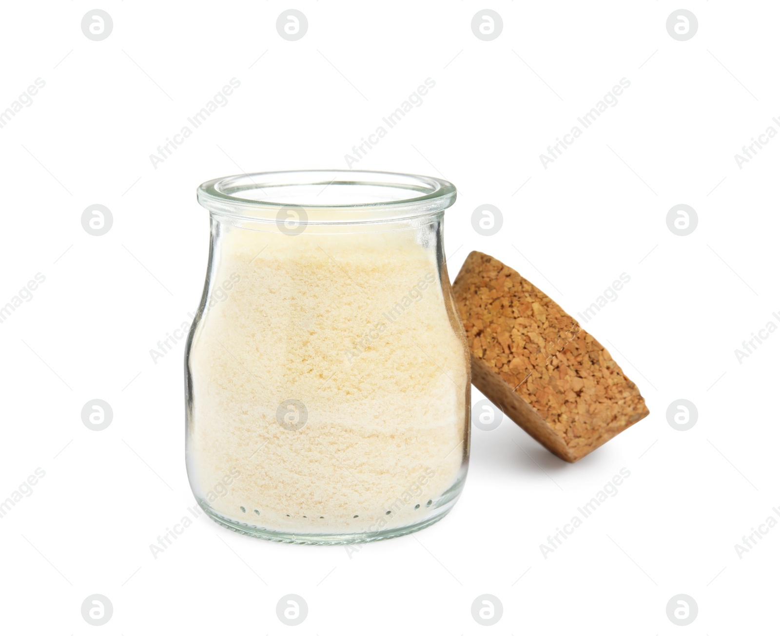 Photo of Glass jar with gelatin powder and cork on white background