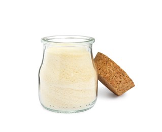 Photo of Glass jar with gelatin powder and cork on white background