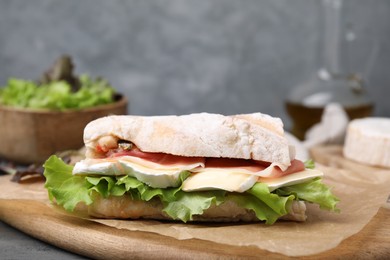 Tasty sandwich with brie cheese and prosciutto on table. Space for text