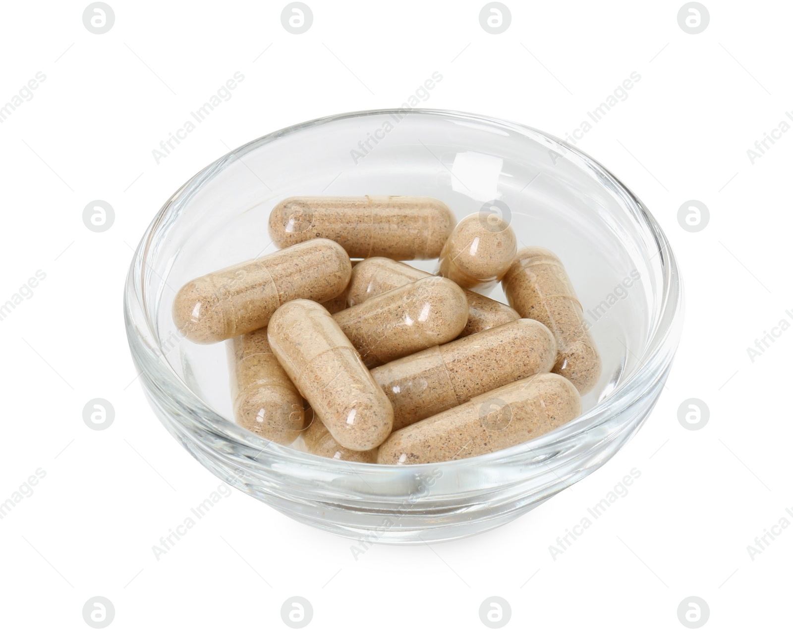 Photo of Vitamin capsules in bowl isolated on white. Health supplement