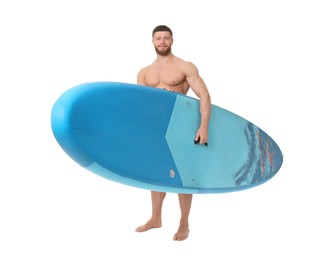 Photo of Handsome man with blue SUP board on white background