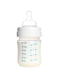 Photo of Baby bottle with milk on white background