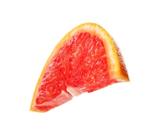 Photo of Slice of ripe juicy grapefruit on white background