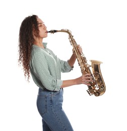 Photo of Beautiful African American woman playing saxophone on white background