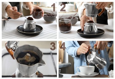 Image of Making coffee with moka pot step-by-step. Collage with photos