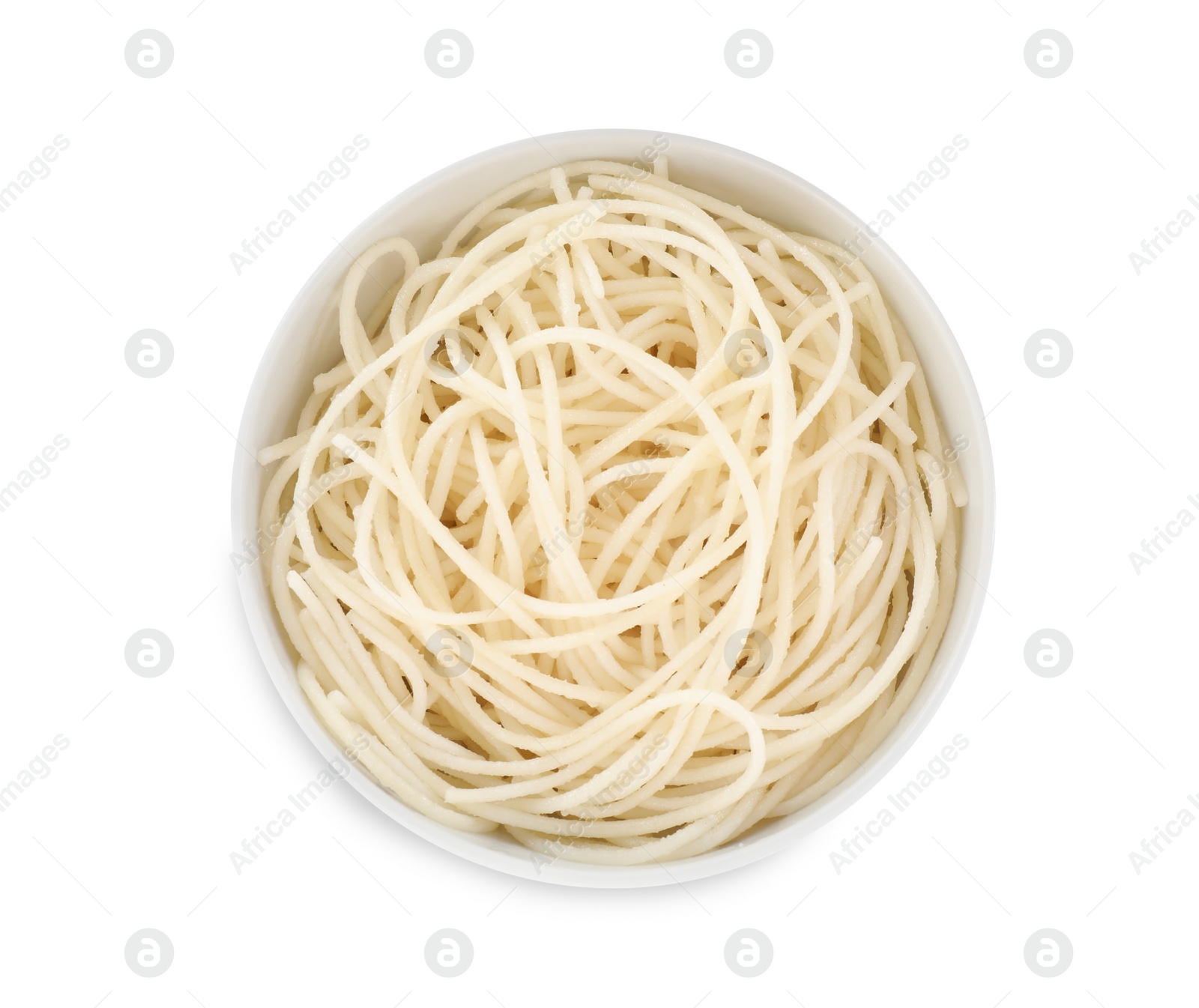 Photo of Bowl of tasty cooked rice noodles isolated on white, top view