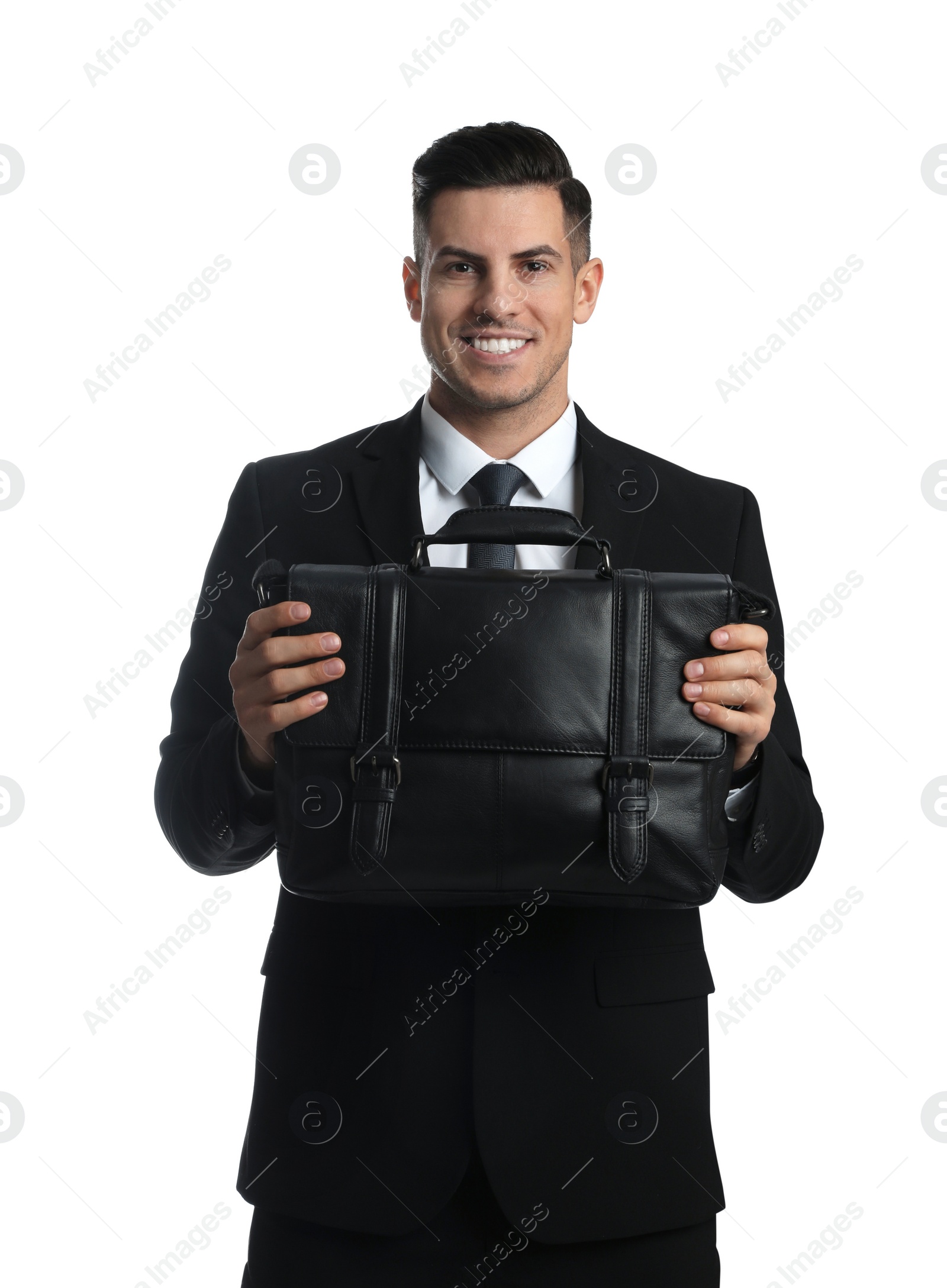 Photo of Businessman with stylish leather briefcase on white background