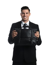 Businessman with stylish leather briefcase on white background