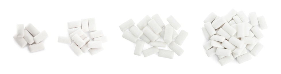 Image of Set with pieces of chewing gum on white background, top view. Banner design