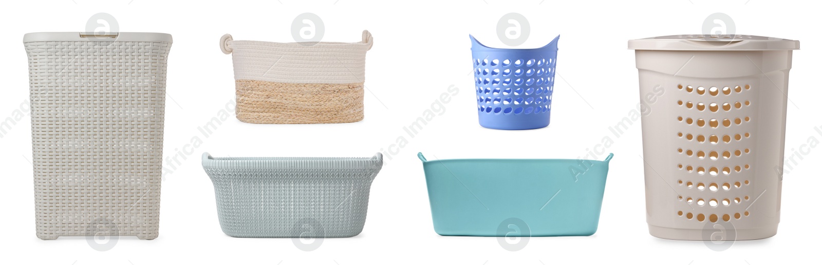 Different laundry baskets on white background. Banner design Image of Different laundry baskets on white background. Banner design