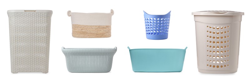 Image of Different laundry baskets on white background. Banner design
