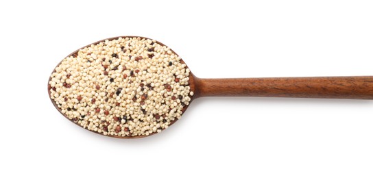 Raw quinoa seeds in spoon isolated on white, top view