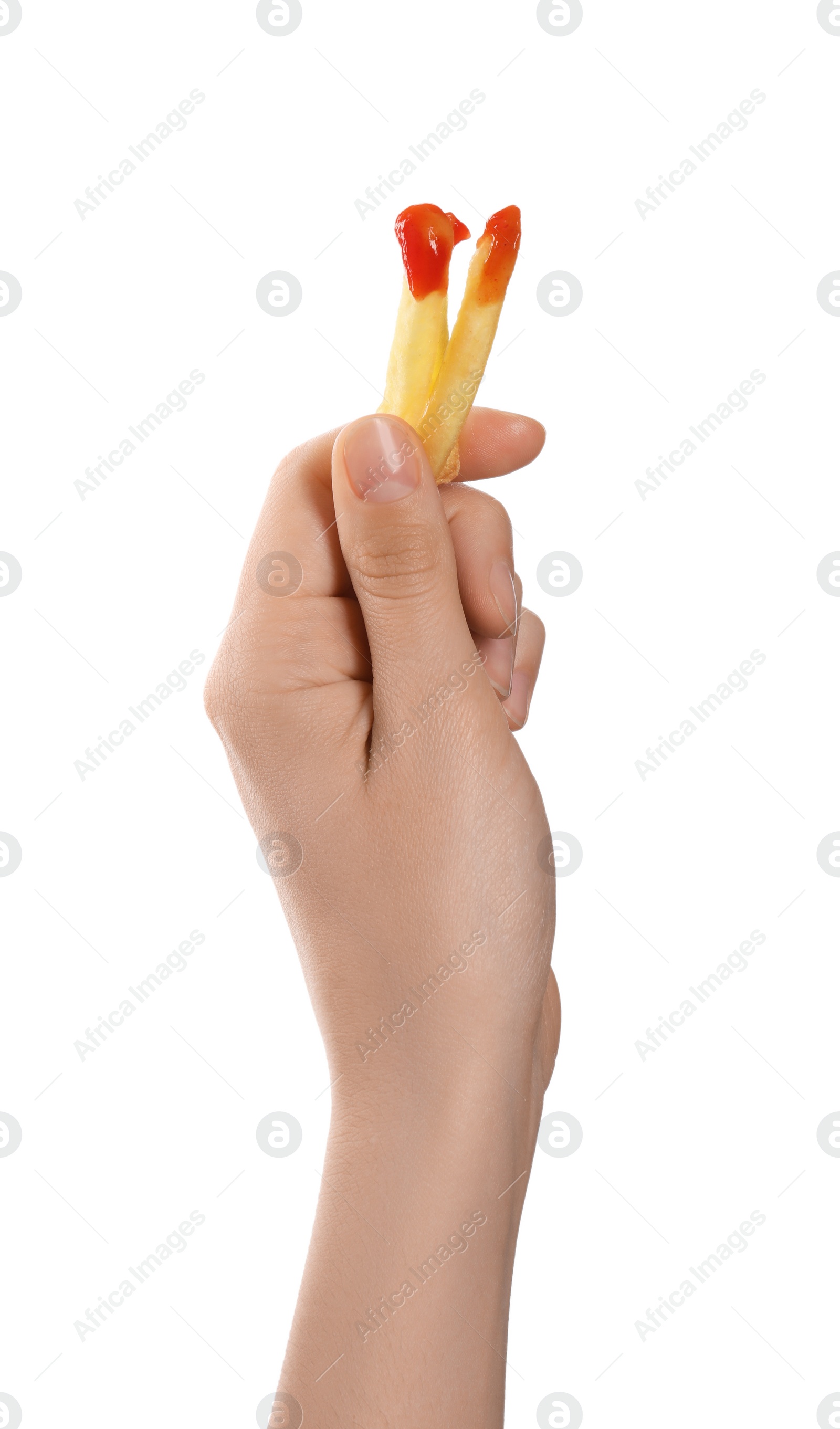 Photo of Woman holding delicious french fries with ketchup on white background, closeup