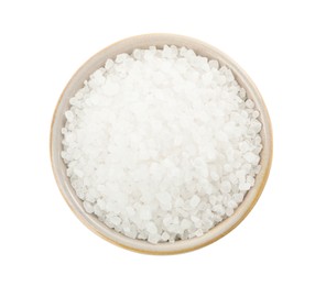 Natural sea salt in bowl isolated on white, top view