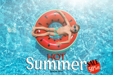 Hot summer sale flyer design. Child with inflatable ring in swimming pool and text, top view