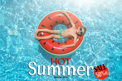 Image of Hot summer sale flyer design. Child with inflatable ring in swimming pool and text, top view