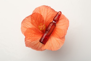 Photo of Skincare ampoules and hibiscus flower with water drops on white background, top view