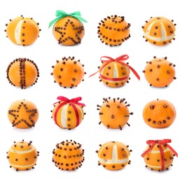 Image of Set with pomander balls made of tangerine and cloves on white background 