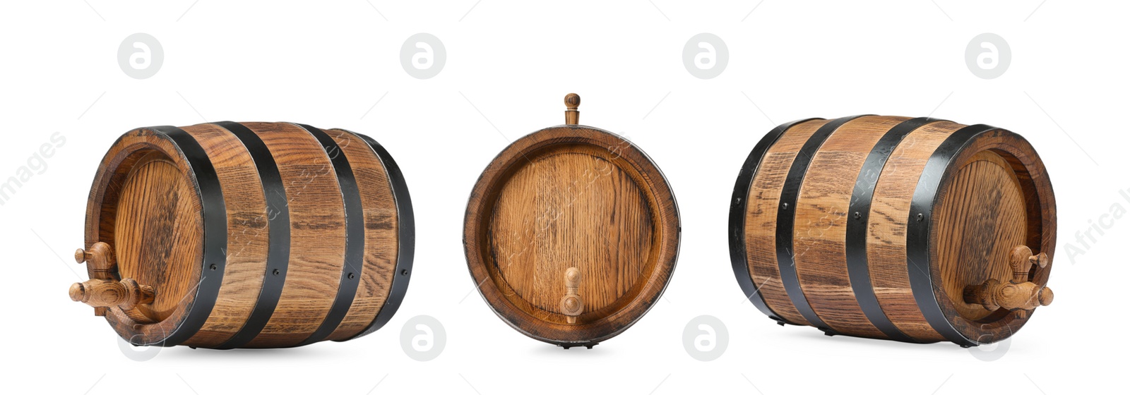 Image of Collage of wooden barrel with tap on white background, different sides