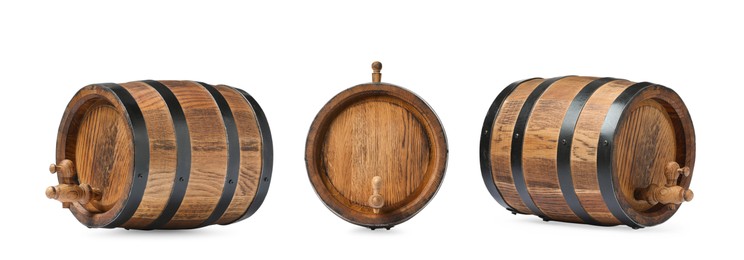 Image of Collage of wooden barrel with tap on white background, different sides