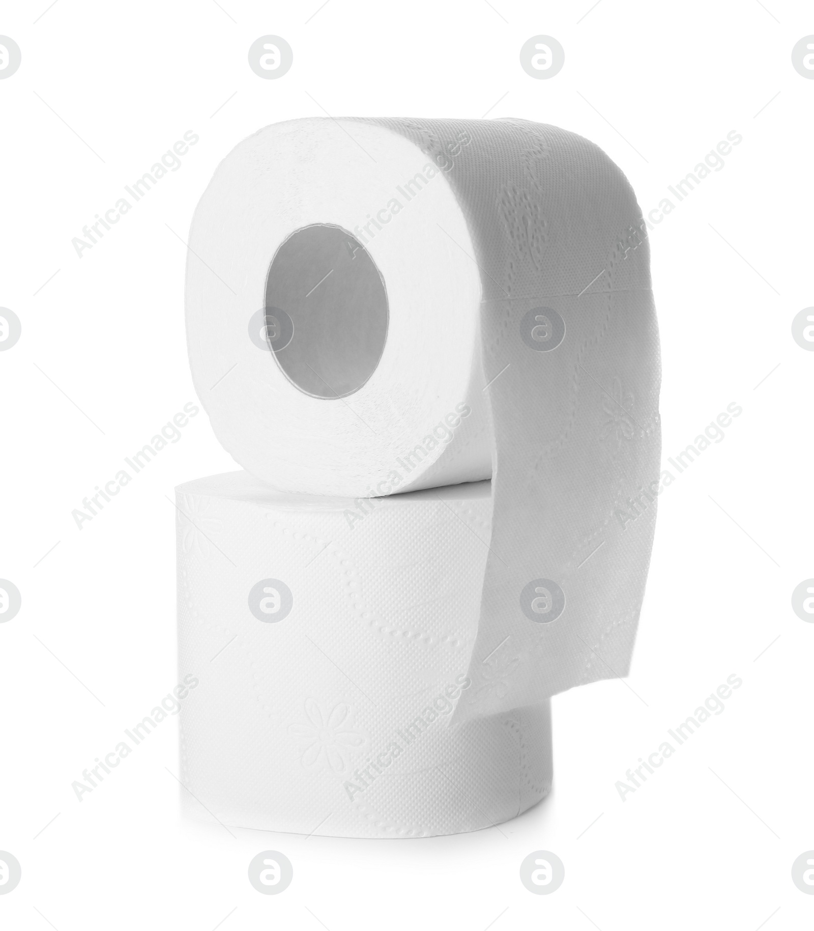 Photo of Rolls of toilet paper on white background. Personal hygiene