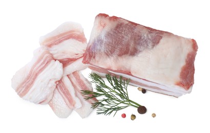 Salted pork fatback with peppercorns and dill on white background, top view