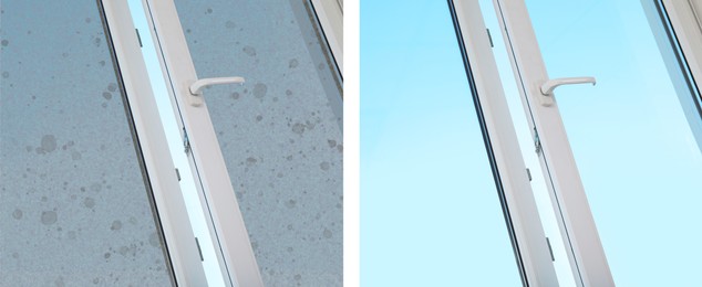 Image of Collage with photos of window before and after cleaning indoors. Banner design