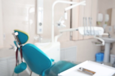 Blurred view of dentist's office with chair and professional equipment