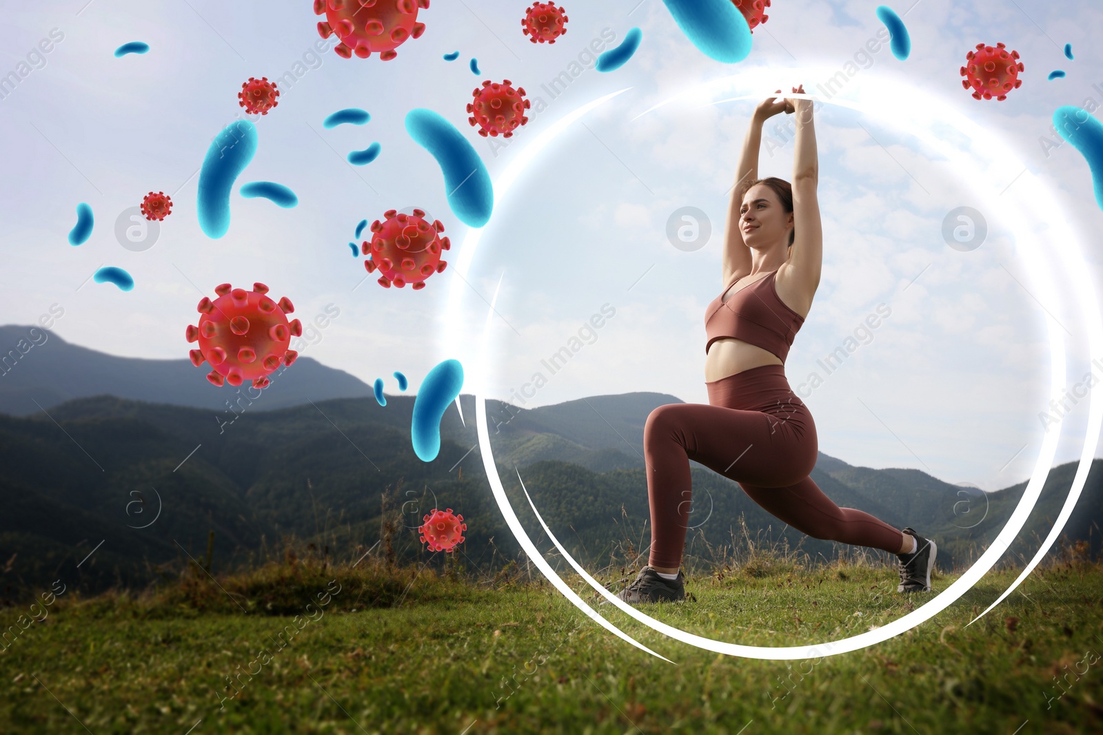 Image of Happy woman practicing yoga in mountains. Bubble around her symbolizing strong immunity blocking viruses, illustration