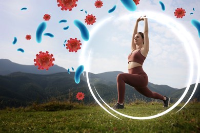 Image of Happy woman practicing yoga in mountains. Bubble around her symbolizing strong immunity blocking viruses, illustration