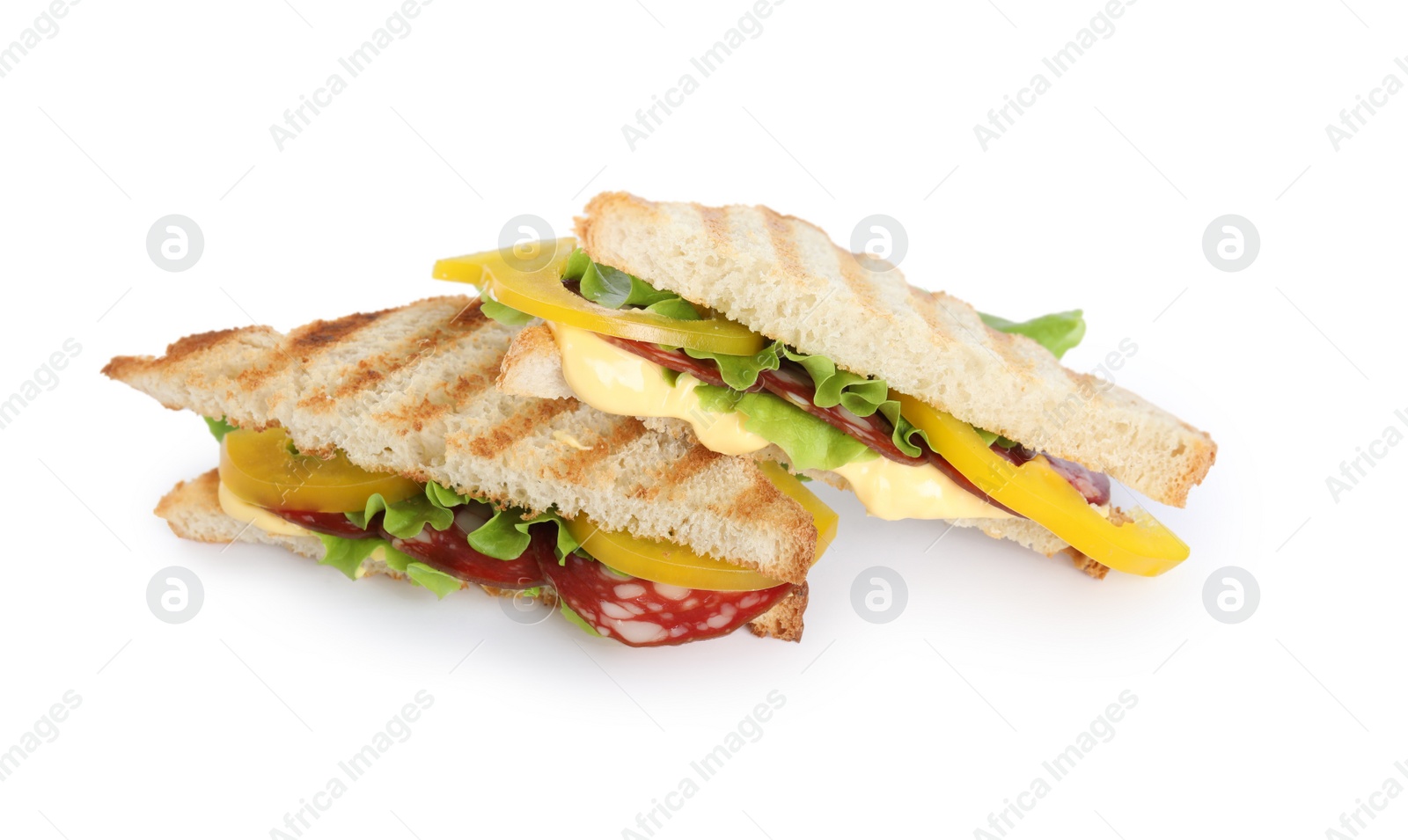Photo of Tasty sandwiches with salami isolated on white