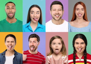 Image of Collage with photos of adults and kid showing their tongues on different color backgrounds