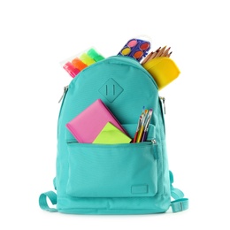 Turquoise backpack with different school stationery on white background