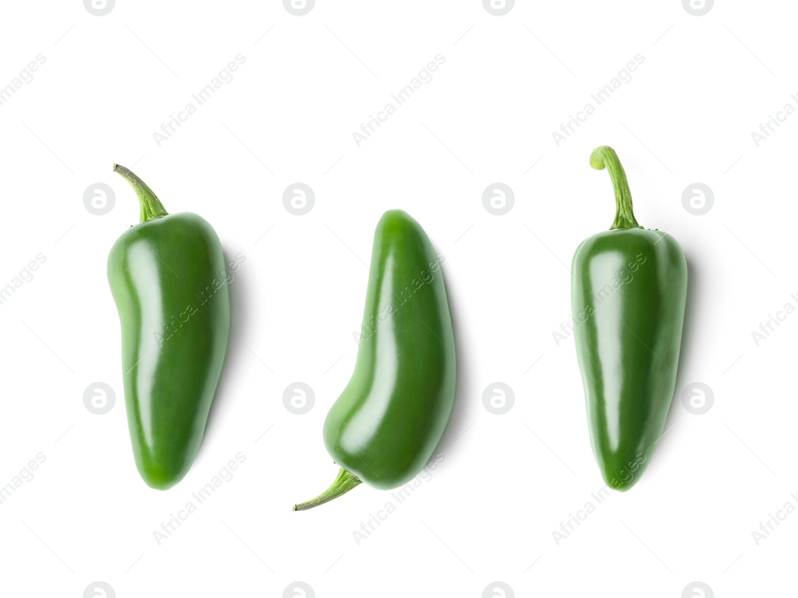 Image of Set with green jalapeno peppers on white background, top view