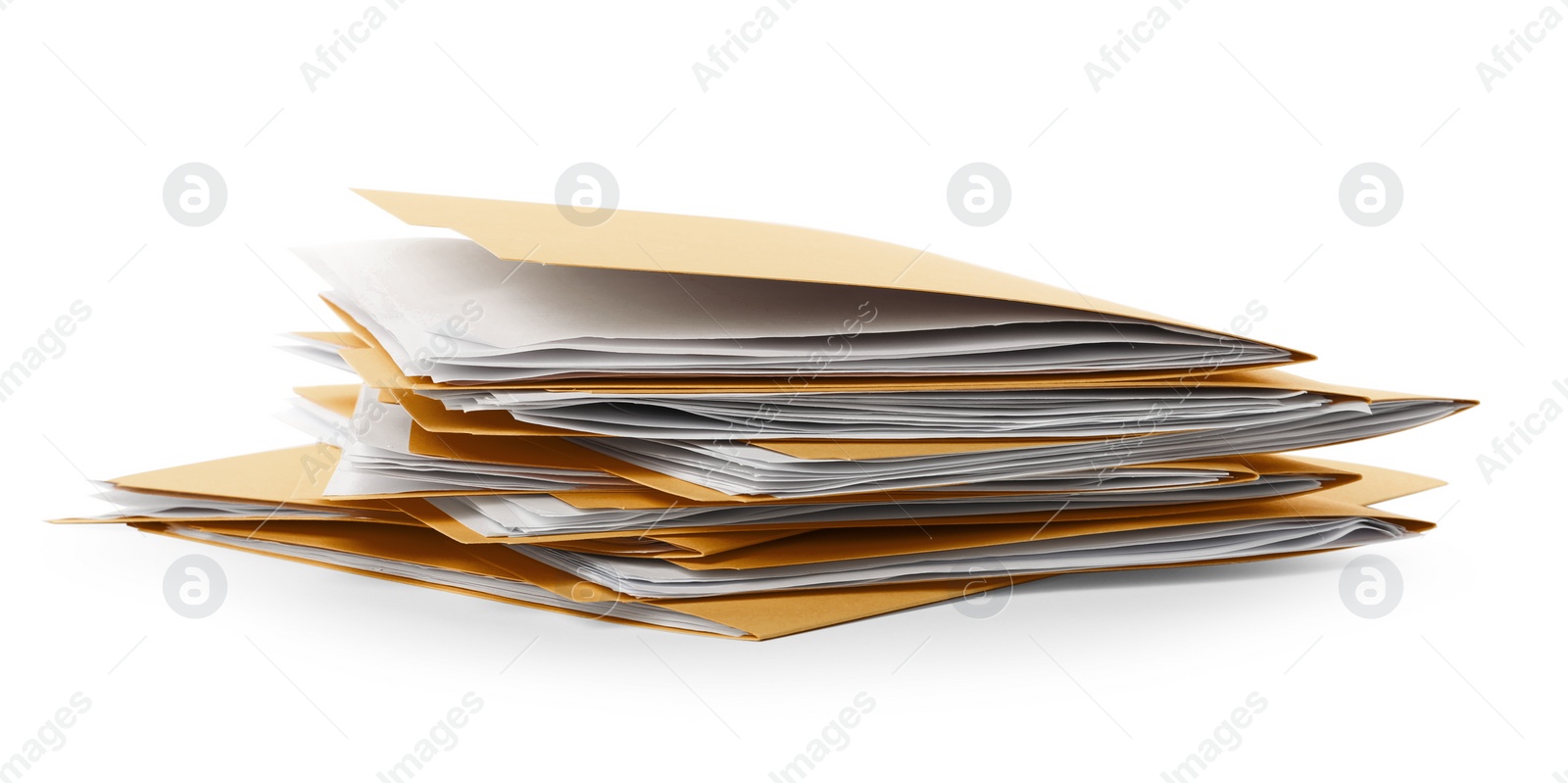 Photo of Stack of yellow files with documents on white background