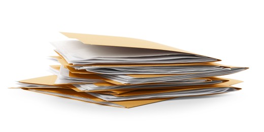 Stack of yellow files with documents on white background