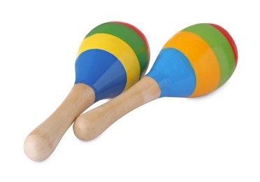 Photo of Colorful maracas on white background. Musical instrument